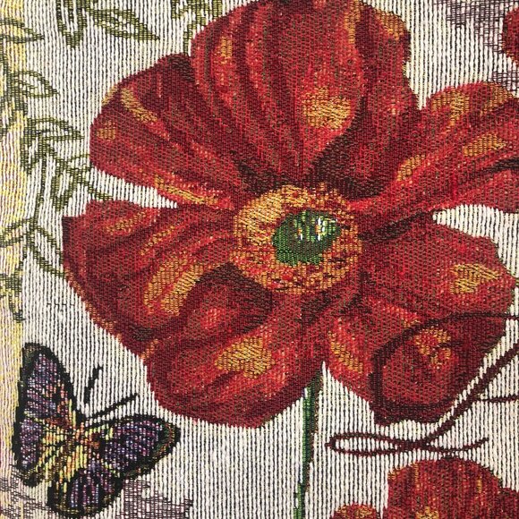 Tapestry Pillow Cover Poppies and Butterflies Zippered Red Cloth Back 16 x 16 - Picture 5 of 7